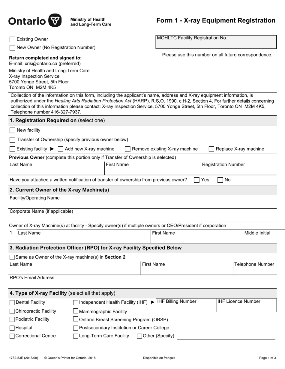 Form 1 (1782-53E) X-Ray Equipment Registration - Ontario, Canada, Page 1