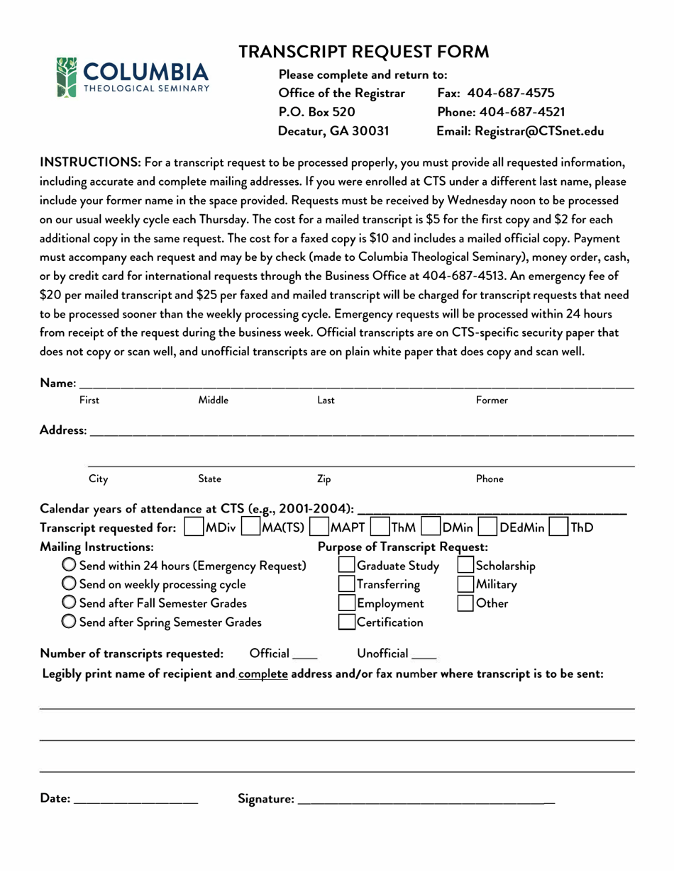 Transcript Request Form - Columbia Theological Seminary, Page 1