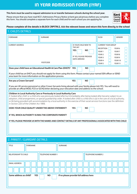 In Year Admission Form (Iyaf) - Kent, United Kingdom