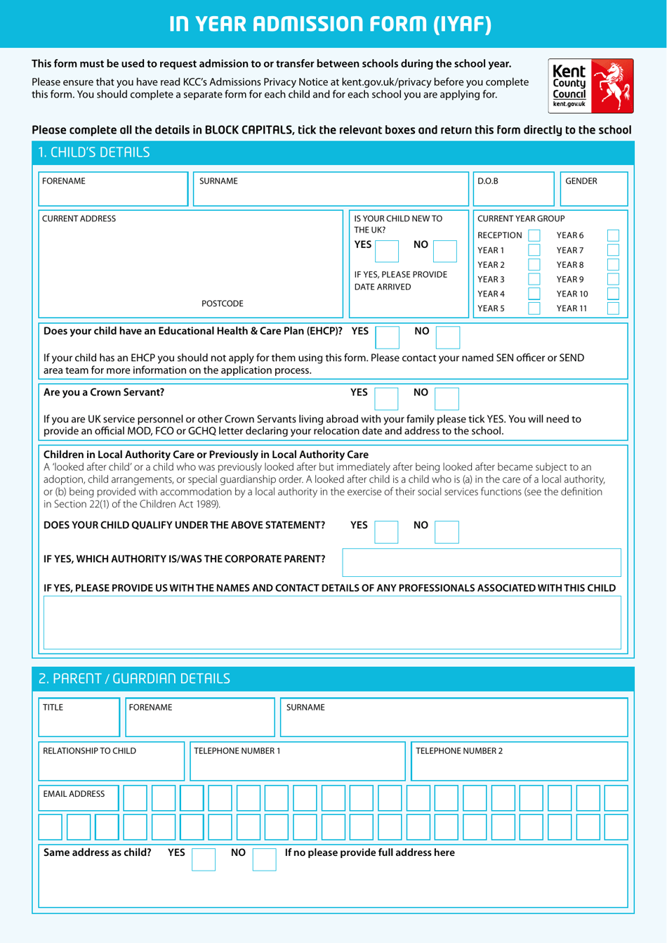 In Year Admission Form (Iyaf) - Kent, United Kingdom, Page 1