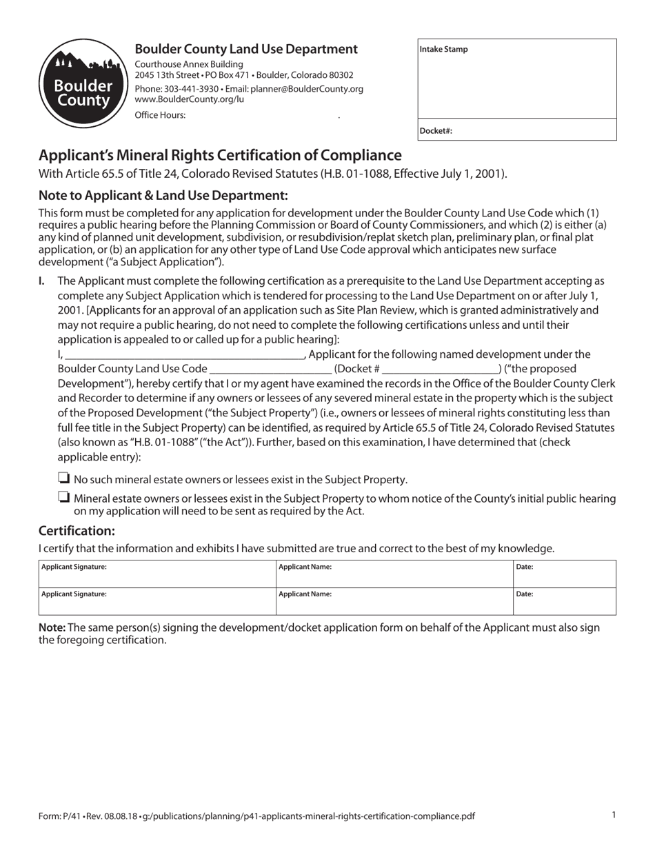 Form P / 41 Applicants Mineral Rights Certification of Compliance - Boulder County, Colorado, Page 1