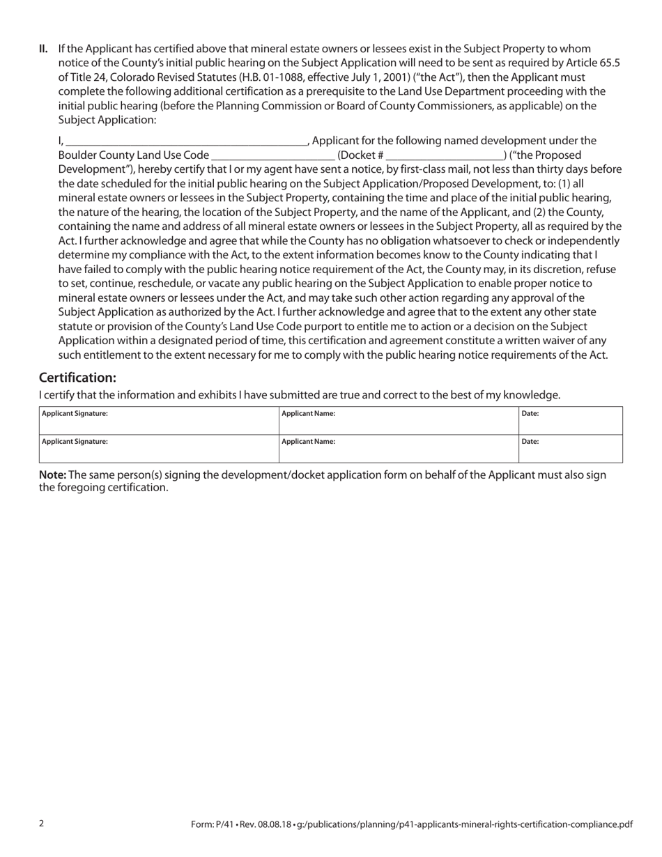 Form P / 41 Applicants Mineral Rights Certification of Compliance - Boulder County, Colorado, Page 2