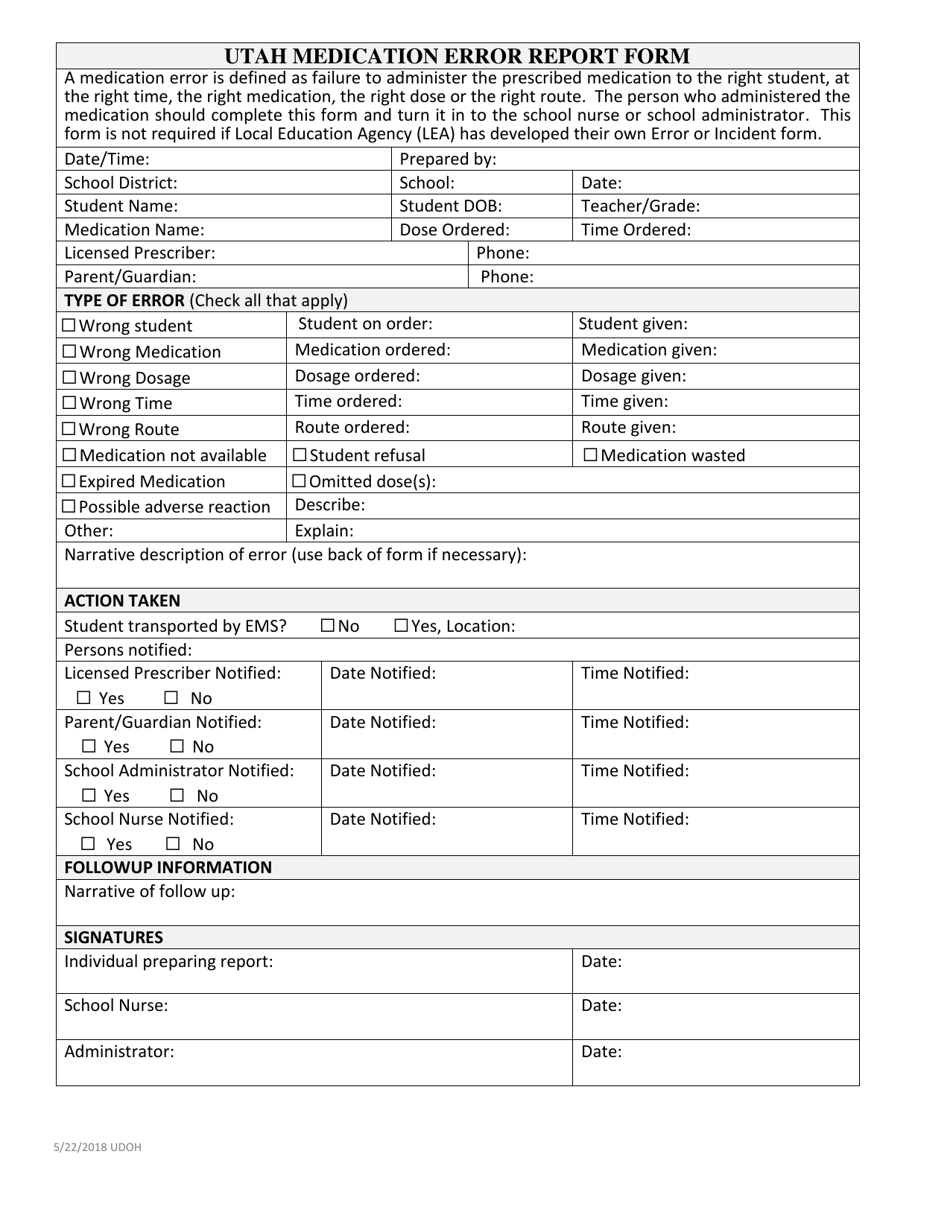 Utah Medication Error Report Form - Utah, Page 1