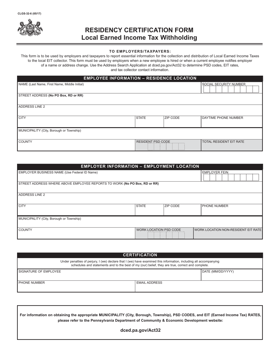 Form CLGS-32-6 Residency Certification(form - Pennsylvania, Page 1