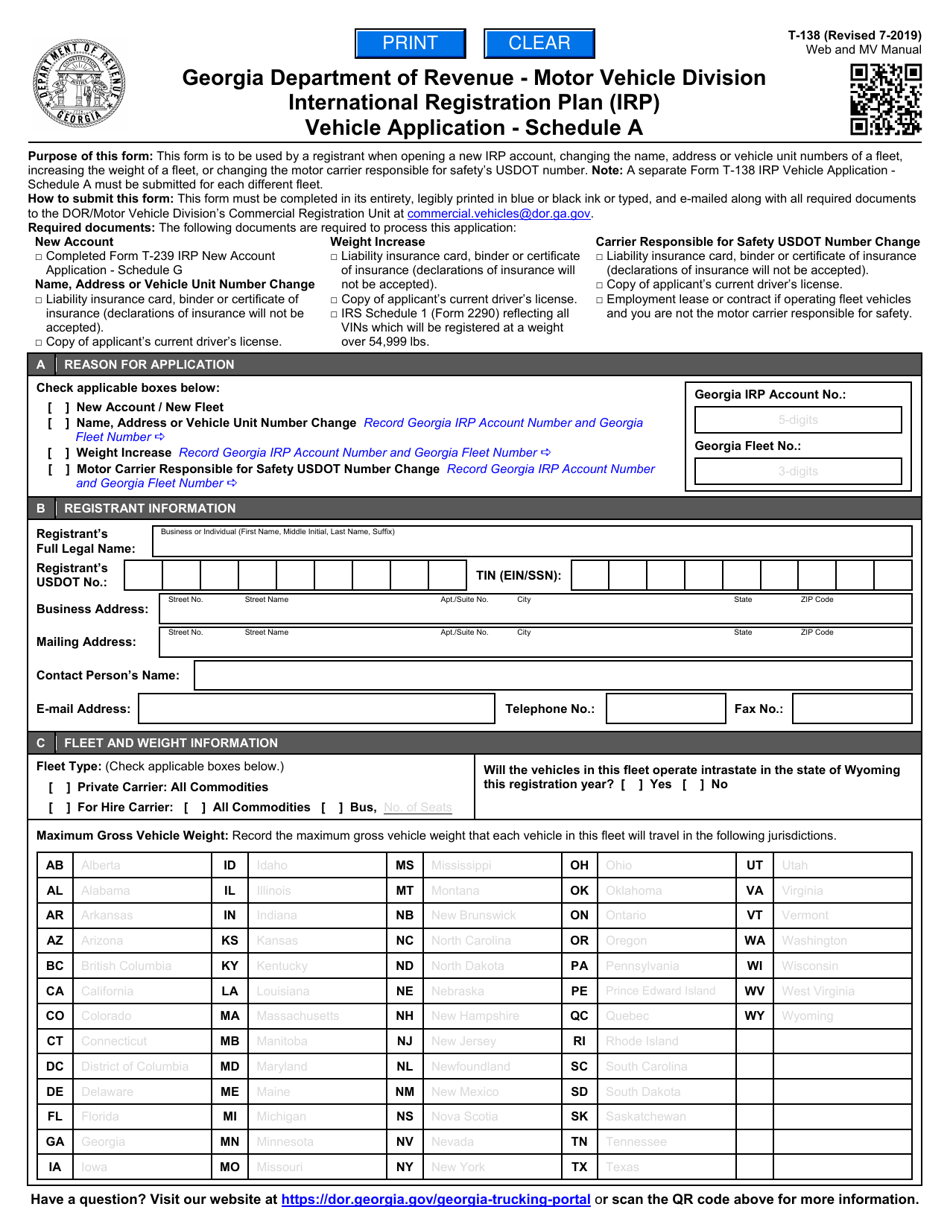 Form T-138 Schedule A International Registration Plan (Irp) Vehicle Application - Georgia (United States), Page 1