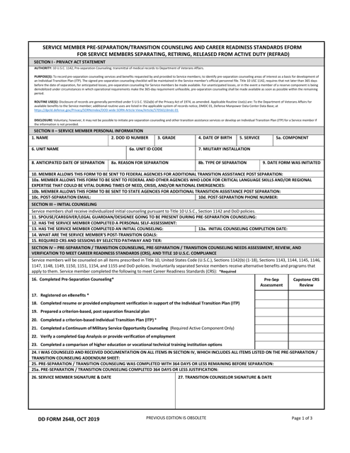 DD Form 2648 Service Member Pre-separation/Transition Counseling and Career Readiness Standards Eform for Service Members Separating, Retiring, Released From Active Duty (REFRAD)
