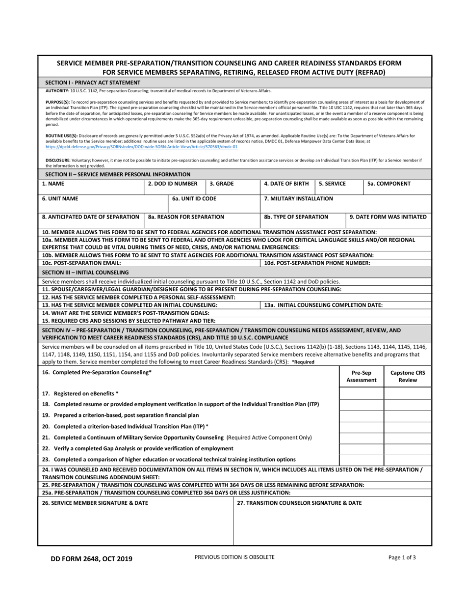 DD Form 2648 Service Member Pre-separation / Transition Counseling and Career Readiness Standards Eform for Service Members Separating, Retiring, Released From Active Duty (REFRAD), Page 1