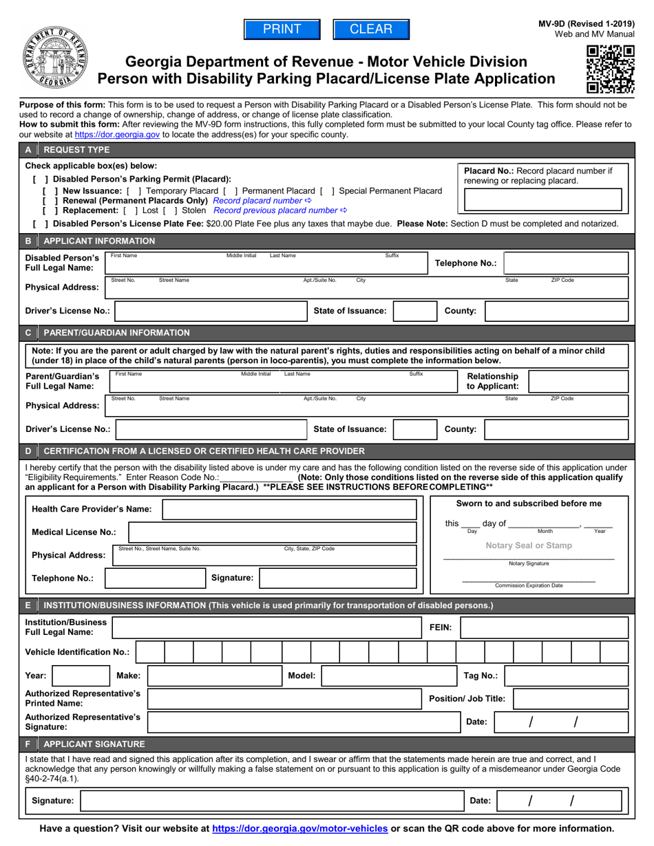 Form MV-9D Person With Disability Parking Placard / License Plate Application - Georgia (United States), Page 1