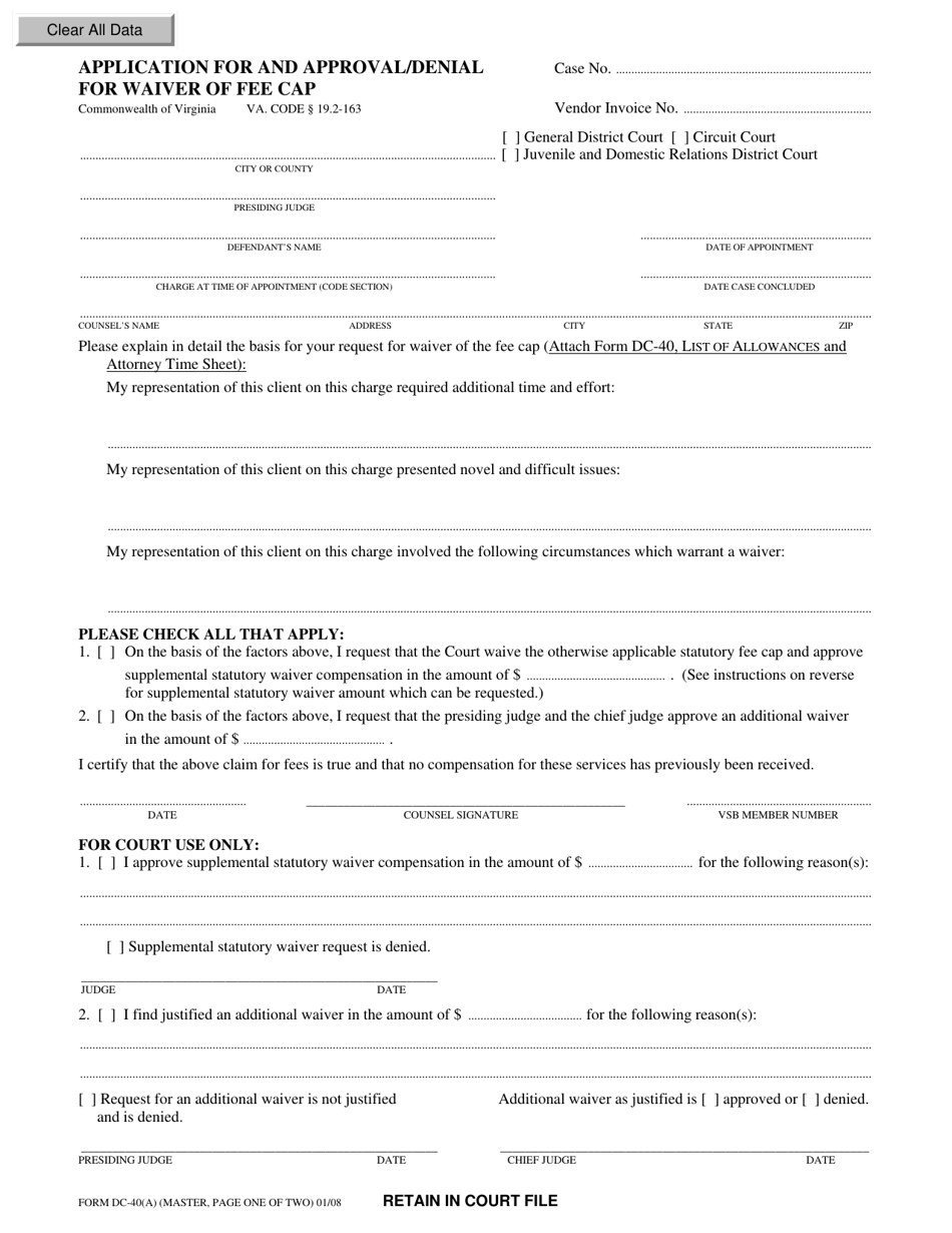Form DC-40(A) Application for and Approval / Denial for Waiver of Fee Cap - Virginia, Page 1