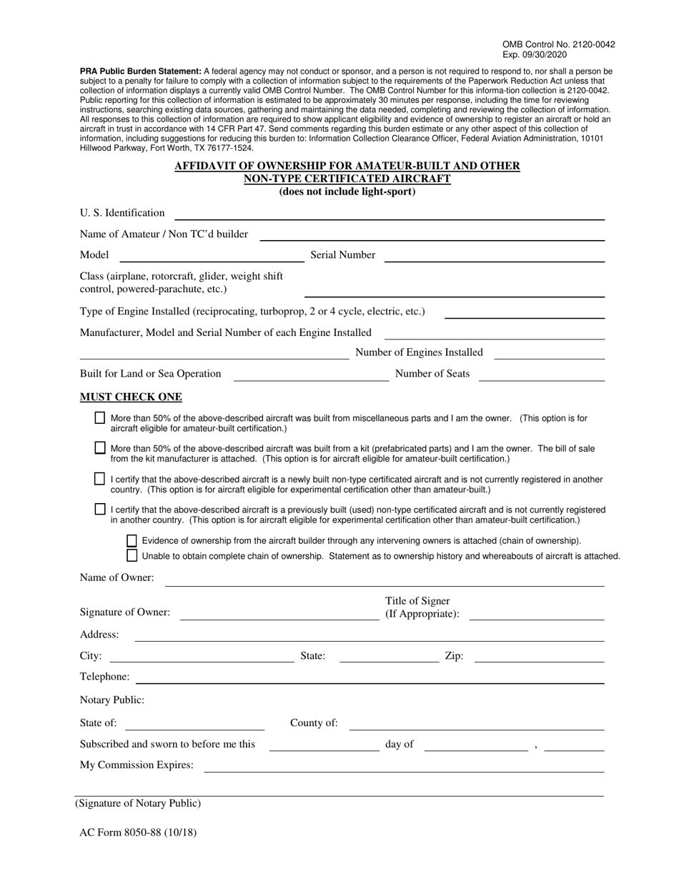 AC Form 8050-88 Affidavit of Ownership for Amateur-Built and Other Non-type Certificated Aircraft, Page 1