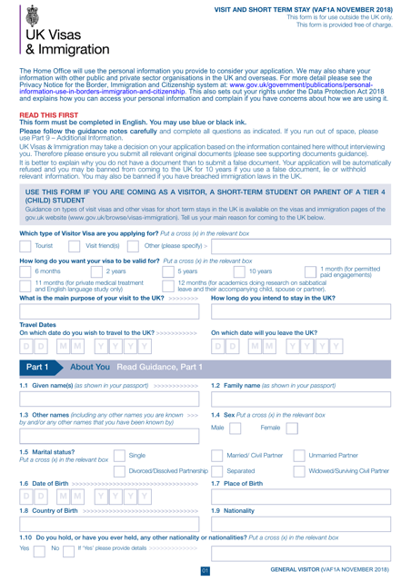 Form VAF1A Application for UK Visa to Visit or for Short-Term Stay - United Kingdom