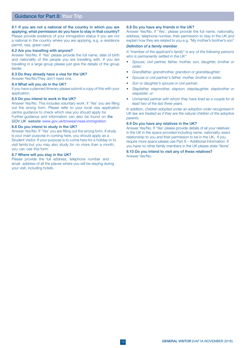Form VAF1A Application for UK Visa to Visit or for Short-Term Stay - United Kingdom, Page 12