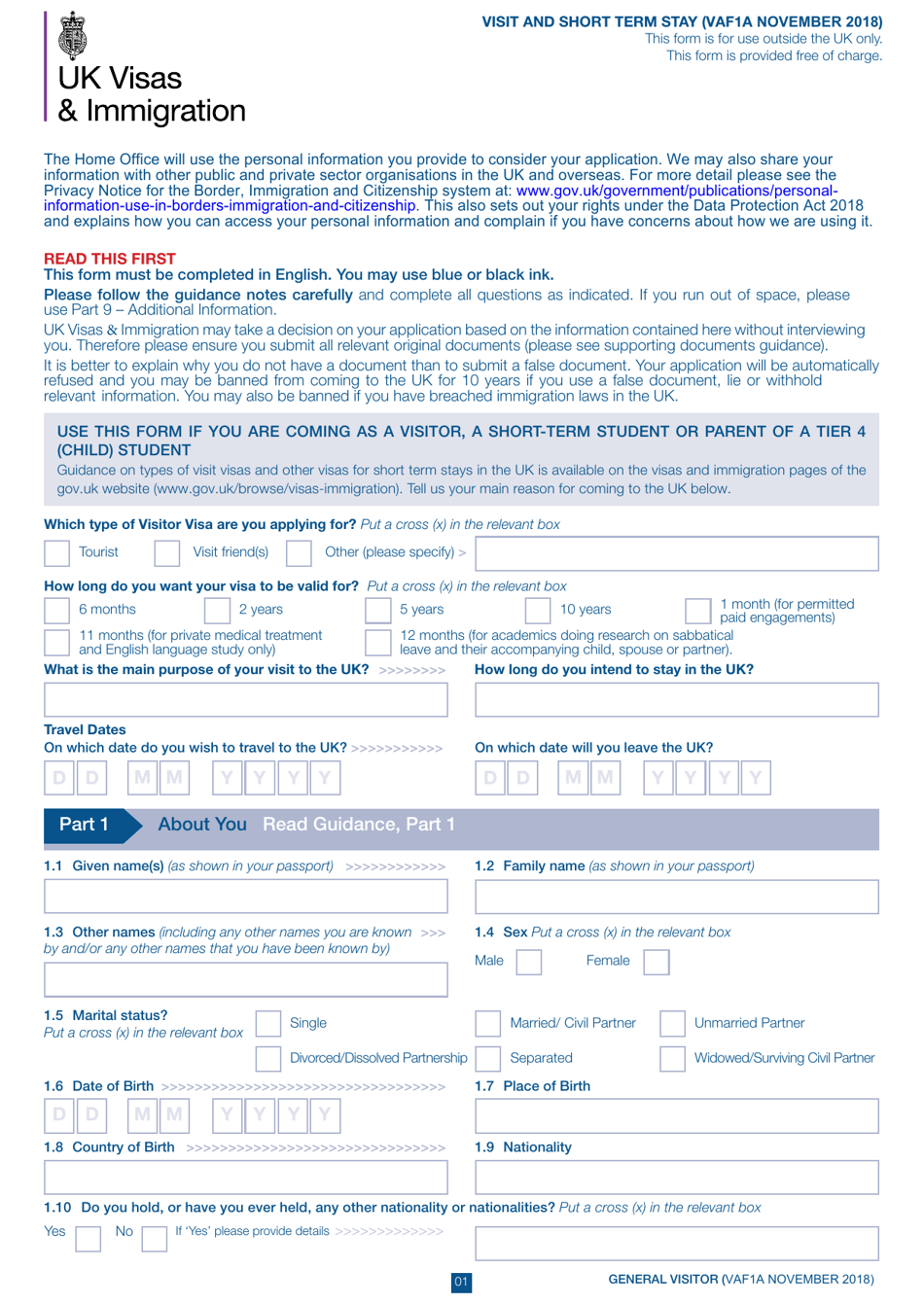Form VAF1A Application for UK Visa to Visit or for Short-Term Stay - United Kingdom, Page 1