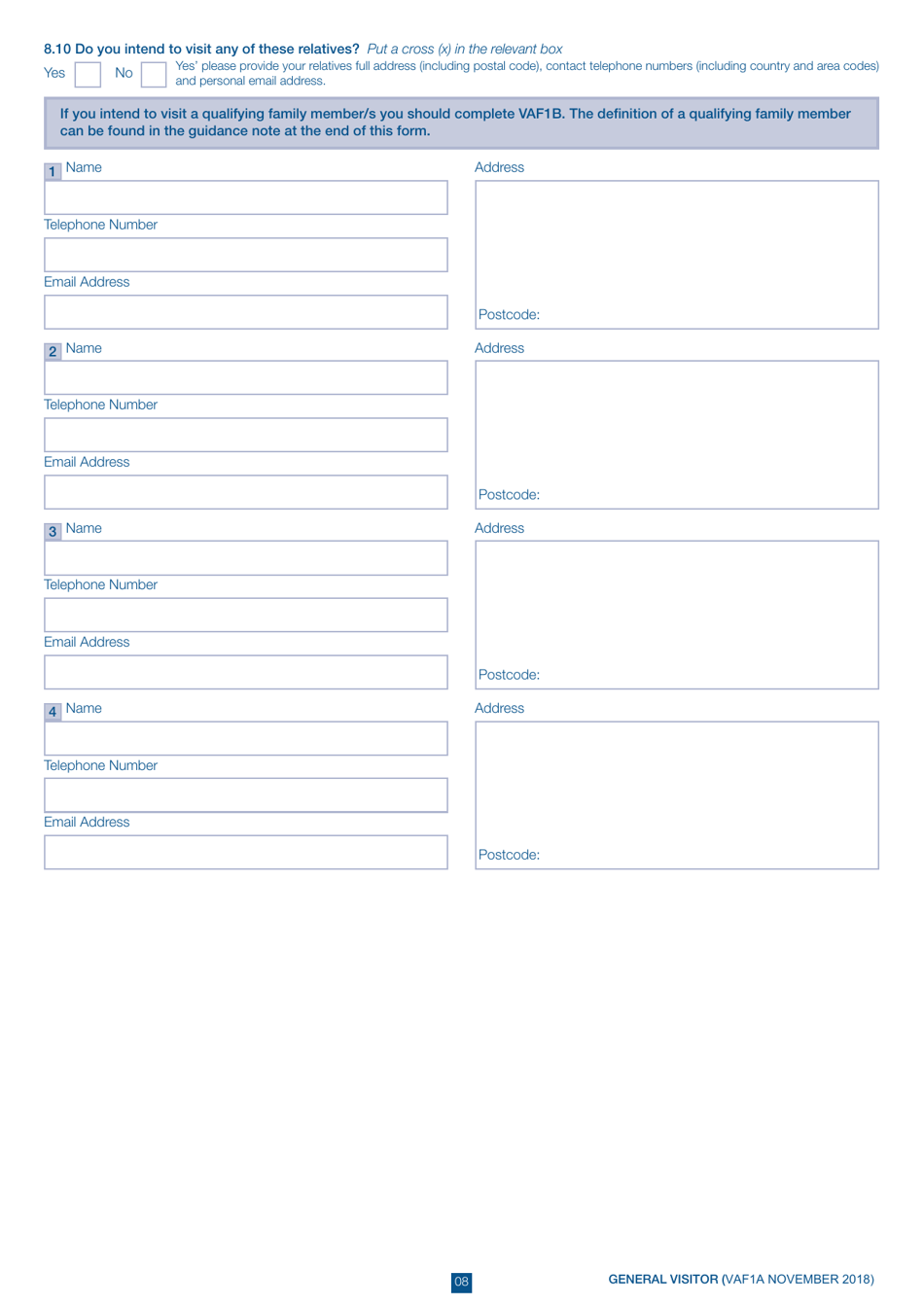 Form VAF1A Application for UK Visa to Visit or for Short-Term Stay - United Kingdom, Page 8