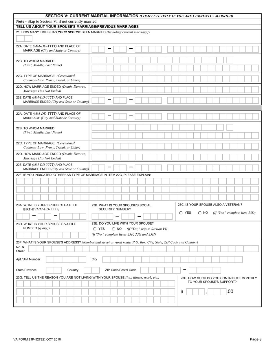 VA Form 21P-527EZ Application for Veterans Pension, Page 8