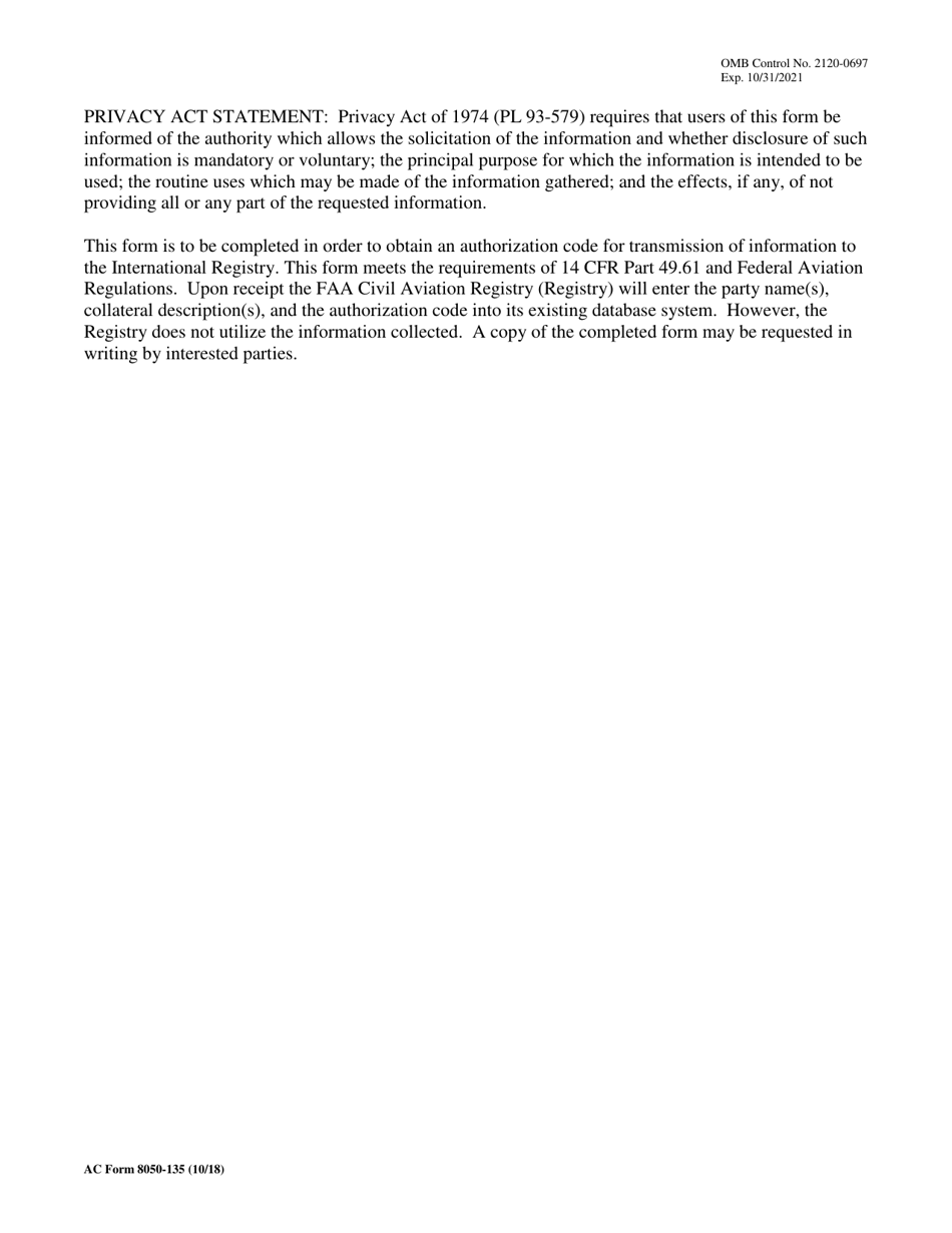 AC Form 8050-135 FAA Entry Point Filing Form International Registry, Page 3