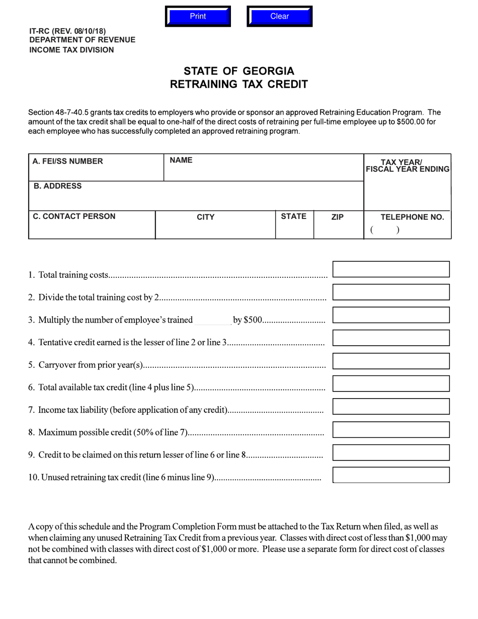 Form IT-RC Retraining Tax Credit - Georgia (United States), Page 1