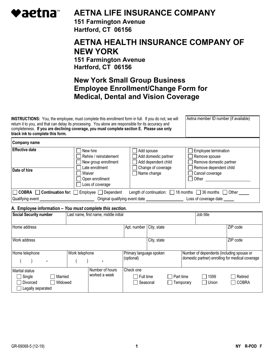 New York Small Group Business Employee Enrollment / Change Form for Medical, Dental and Vision Coverage - Aetna - New York, Page 1