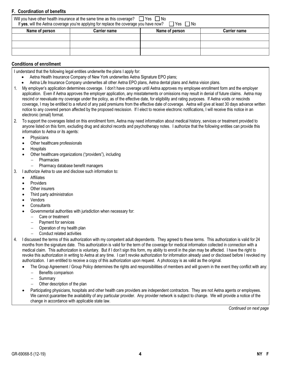 New York Small Group Business Employee Enrollment / Change Form for Medical, Dental and Vision Coverage - Aetna - New York, Page 4