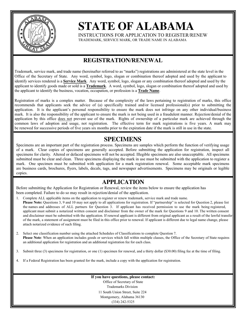 Application to Register or Renew Trademark, Service Mark or Trade Name in Alabama - Alabama, Page 1
