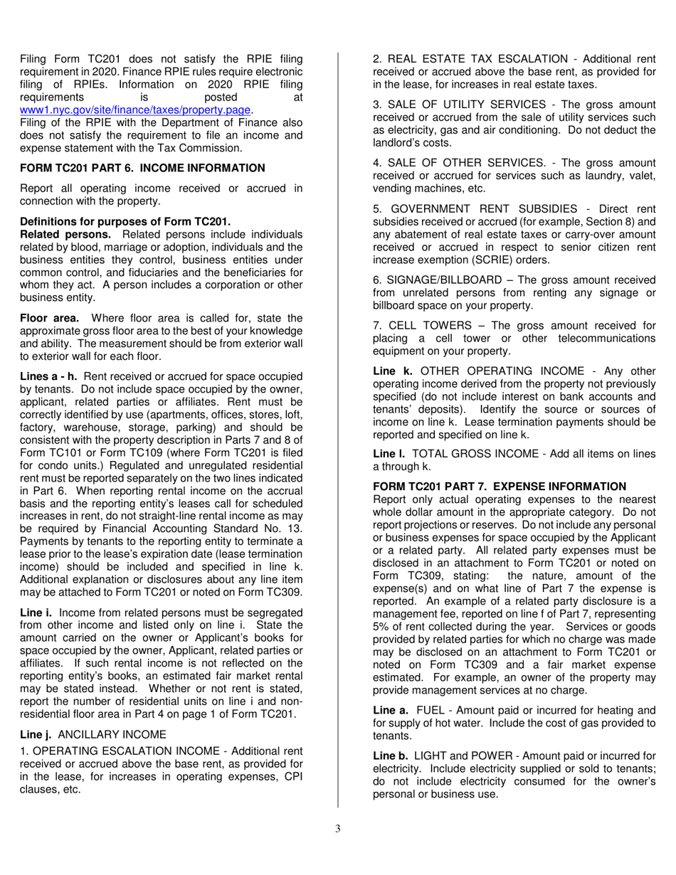 Form TC201 Income and Expense Schedule for Rent Producing Properties - New York City, Page 3