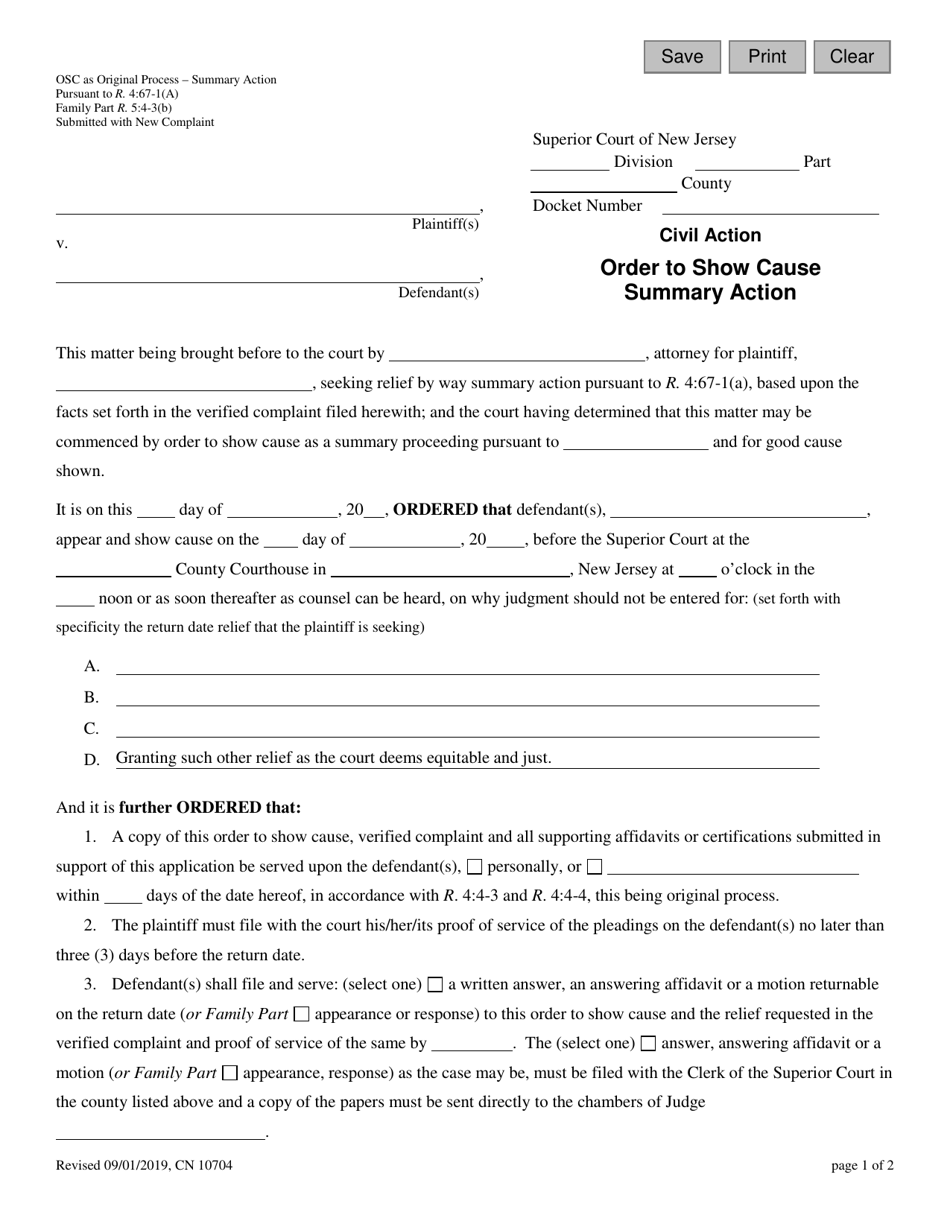 Form 10704 Order to Show Cause Summary Action - New Jersey, Page 1