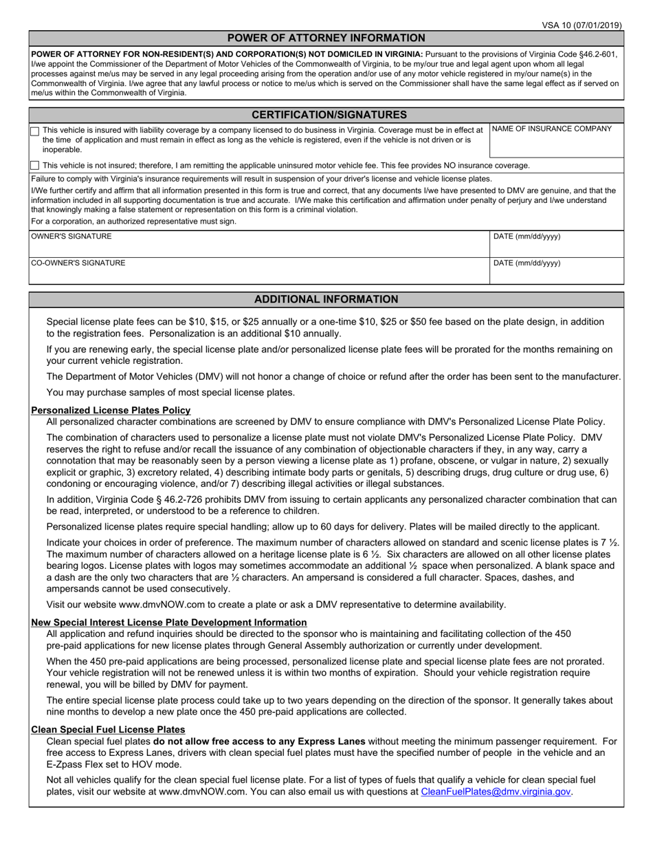 Form VSA10 Application for Personalized License Plates - Virginia, Page 2