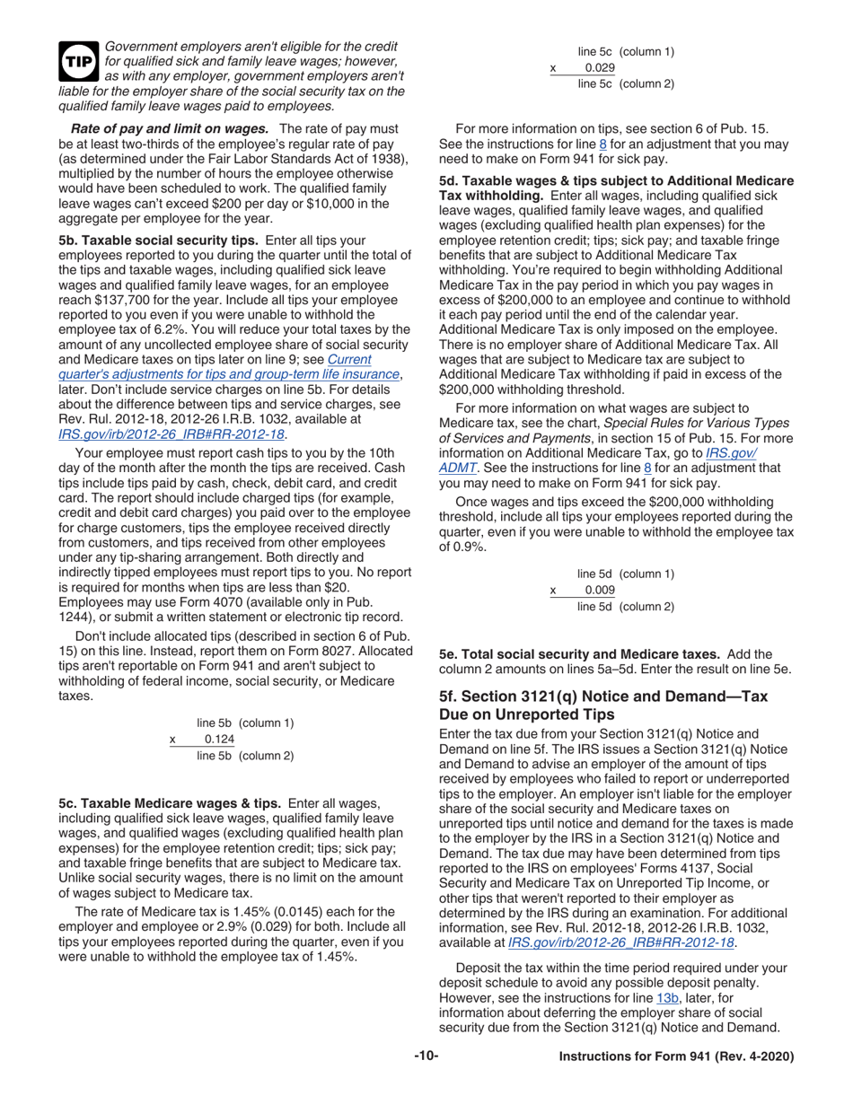 Instructions for IRS Form 941 Employers Quarterly Federal Tax Return, Page 10