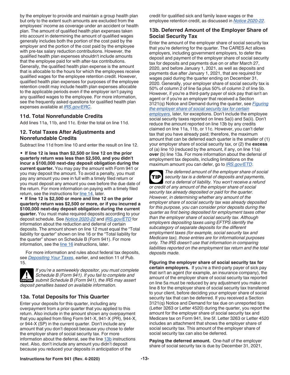 Instructions for IRS Form 941 Employers Quarterly Federal Tax Return, Page 13
