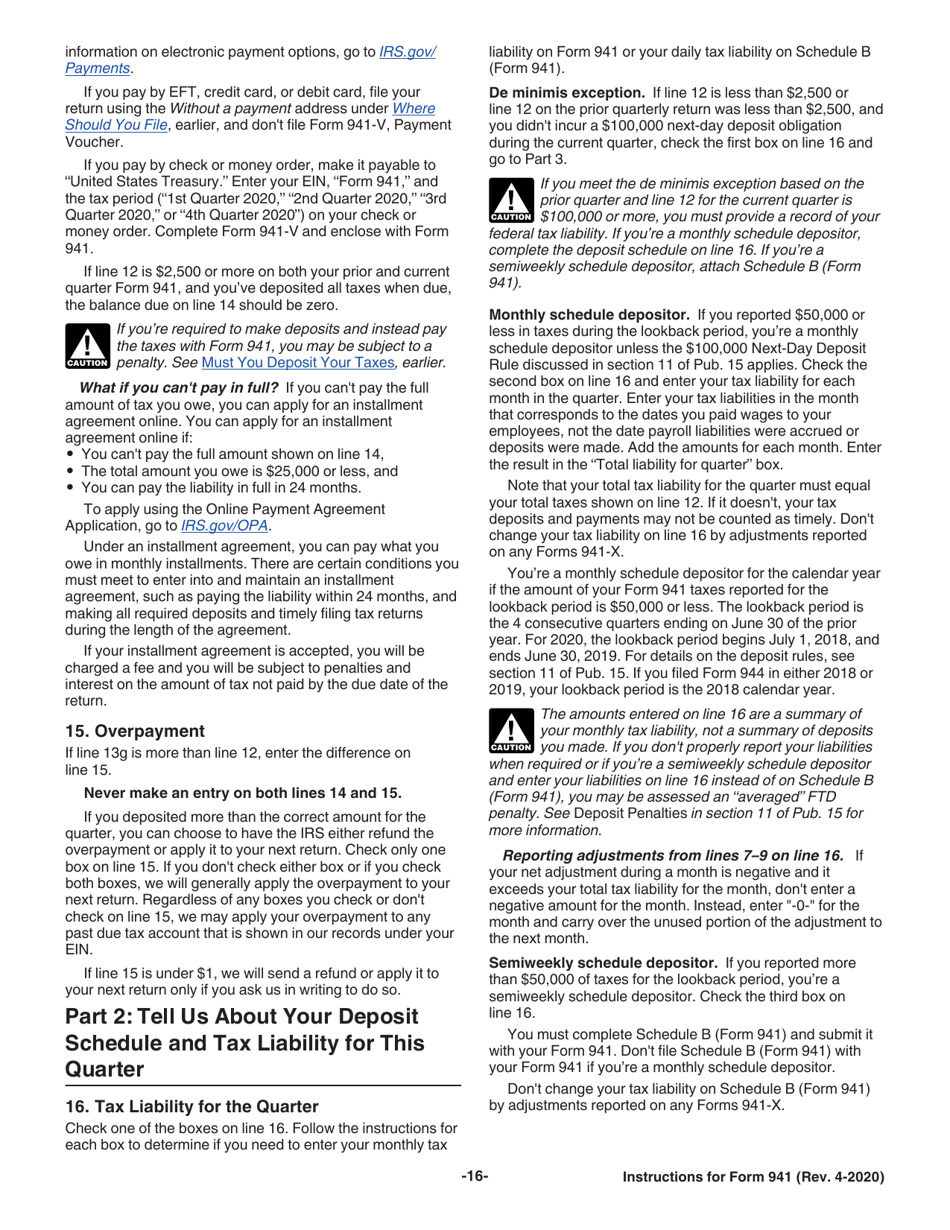 Instructions for IRS Form 941 Employers Quarterly Federal Tax Return, Page 16