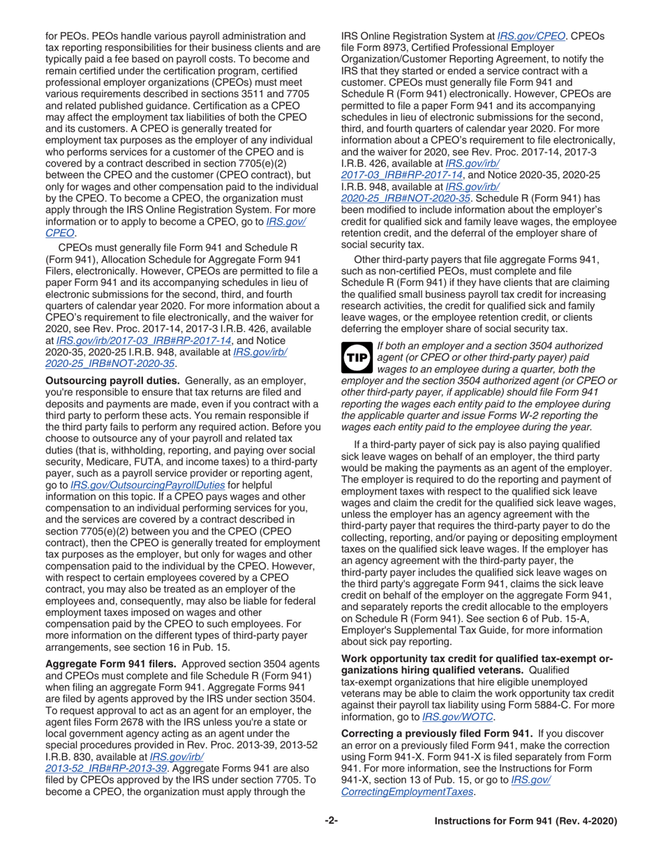 Instructions for IRS Form 941 Employers Quarterly Federal Tax Return, Page 2