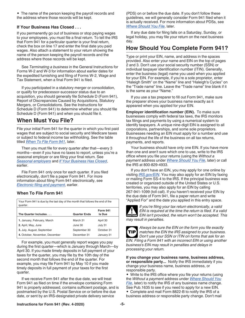 Instructions for IRS Form 941 Employers Quarterly Federal Tax Return, Page 5