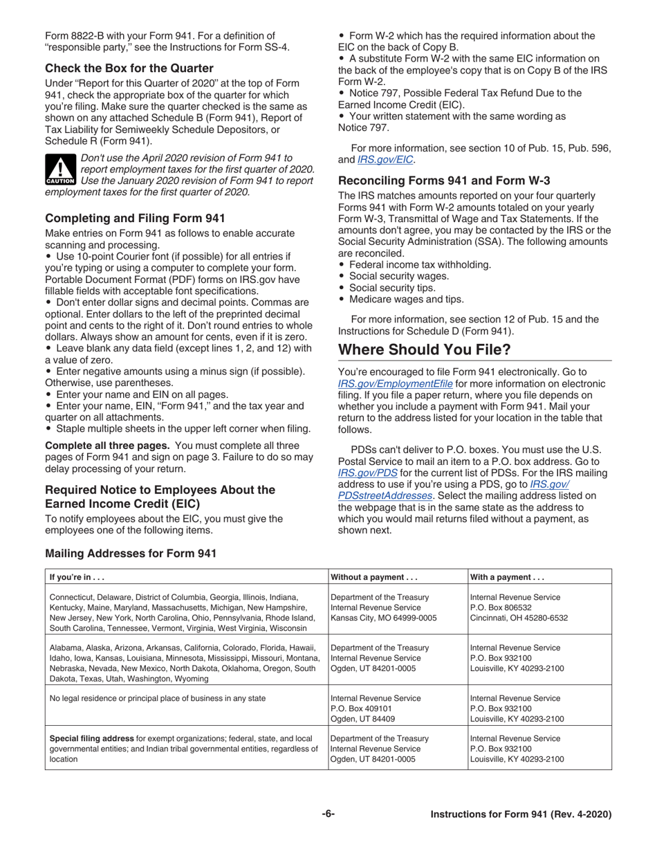 Instructions for IRS Form 941 Employers Quarterly Federal Tax Return, Page 6