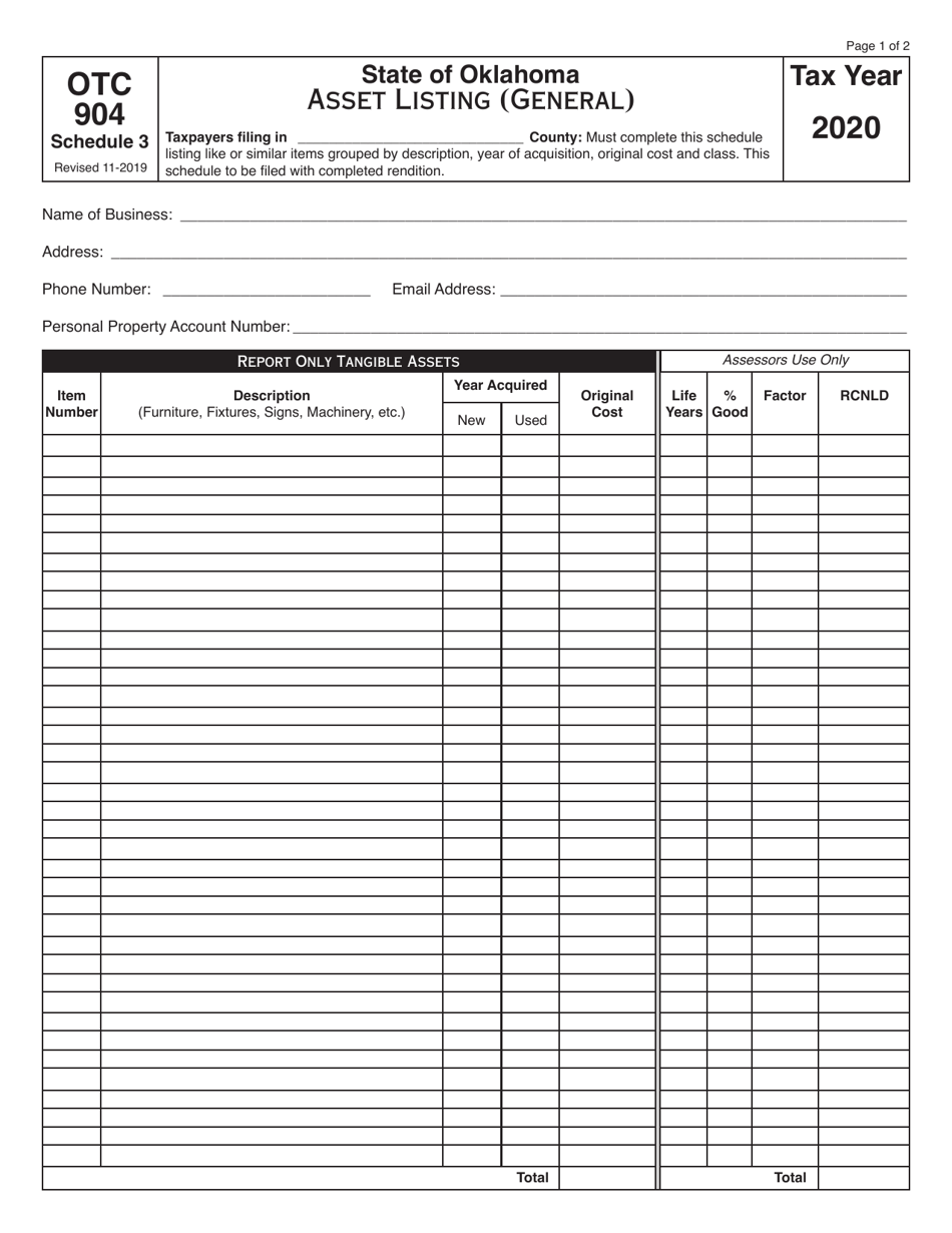 OTC Form 904 Schedule 3 - 2020 - Fill Out, Sign Online and Download ...