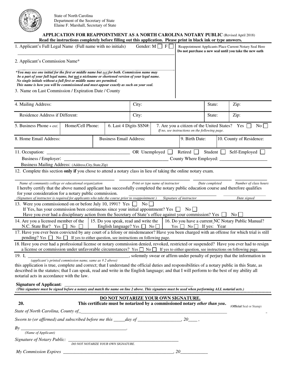 Application for Reappointment as a North Carolina Notary Public - North Carolina, Page 1