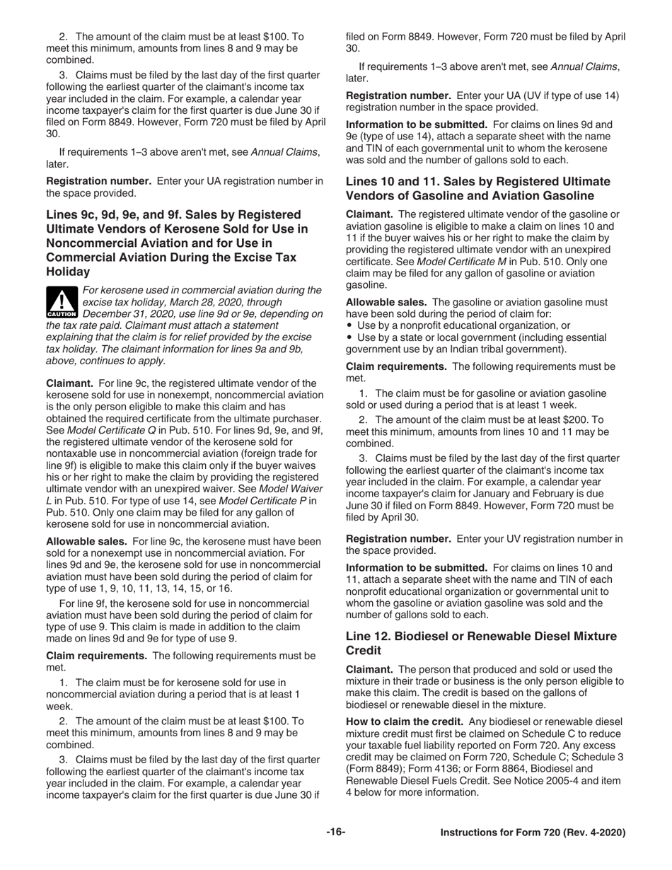 Instructions for IRS Form 720 Quarterly Federal Excise Tax Return, Page 16