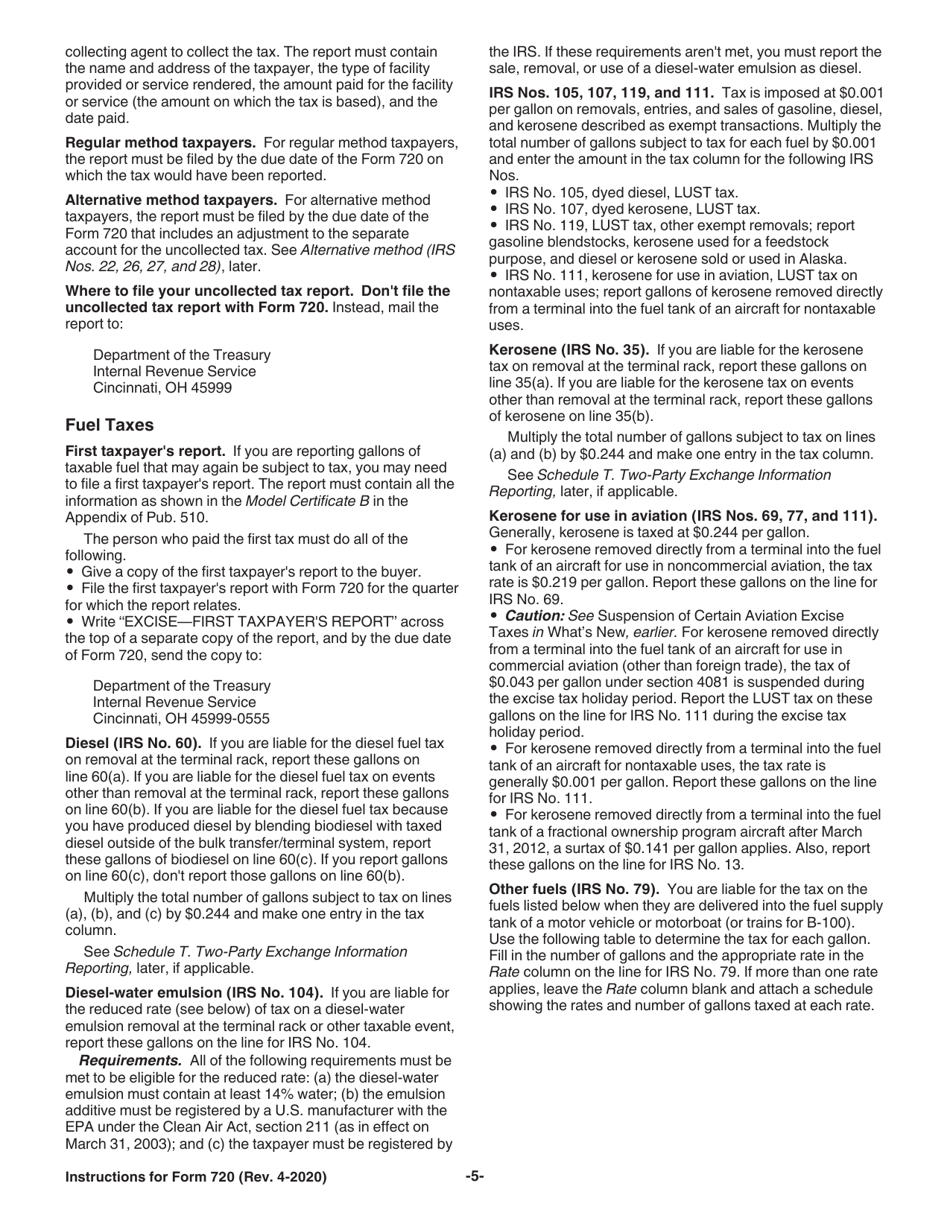Instructions for IRS Form 720 Quarterly Federal Excise Tax Return, Page 5
