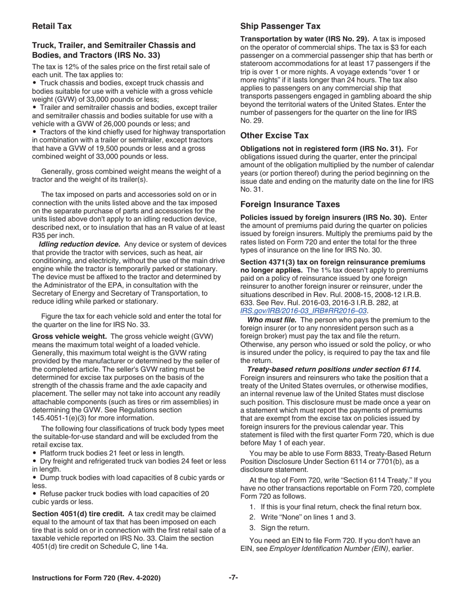 Instructions for IRS Form 720 Quarterly Federal Excise Tax Return, Page 7