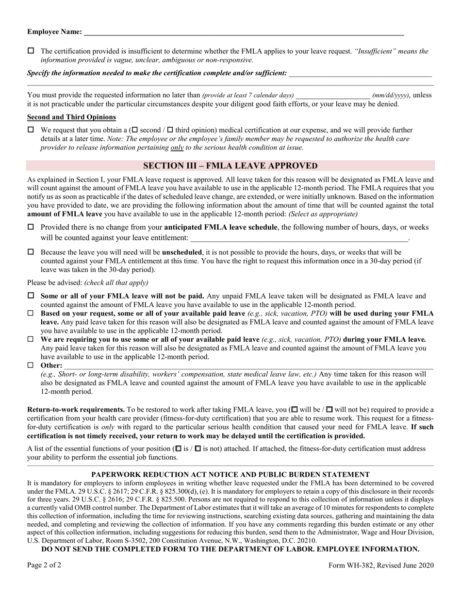 Form WH382 Download Fillable PDF or Fill Online Fmla Designation