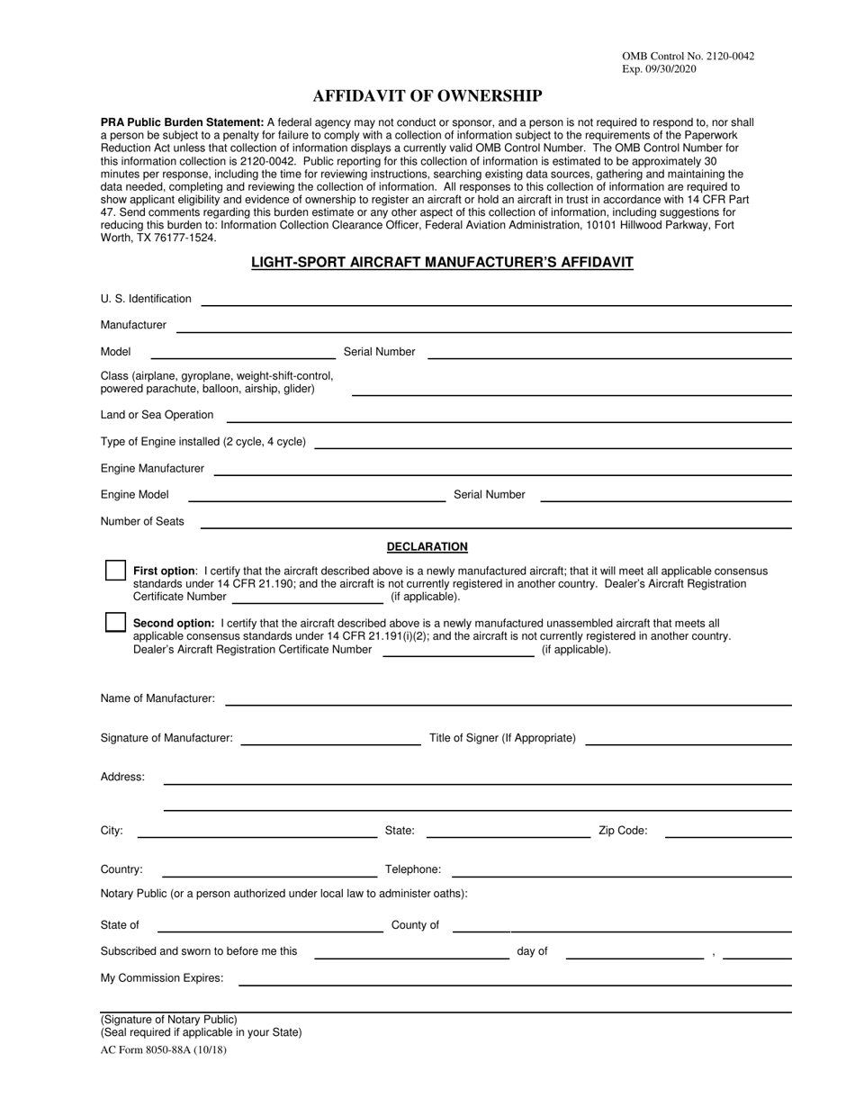 AC Form 8050-88A Light-Sport Aircraft Manufacturers Affidavit of Ownership, Page 1