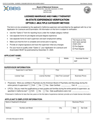 Form 37A-302 Licensed Marriage and Family Therapist in-State Experience Verification Option 2 - Multiple Category Method - California