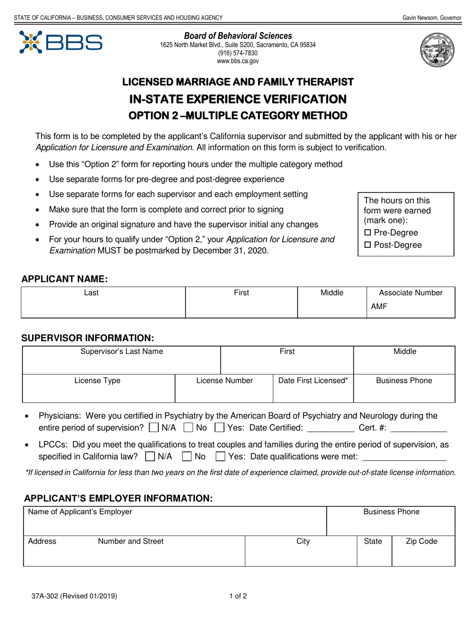 Form 37A-302 Licensed Marriage and Family Therapist in-State Experience Verification Option 2 - Multiple Category Method - California, Page 1