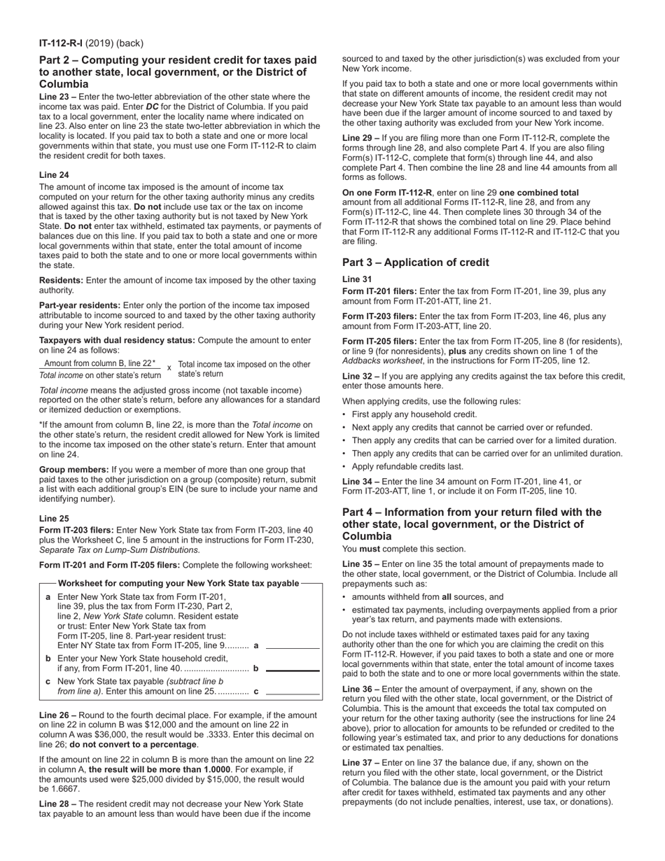 Instructions for Form IT-112-R New York State Resident Credit - New York, Page 2
