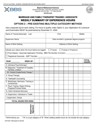 Document preview: Form 37A-527 Marriage and Family Therapist Trainee / Associate Weekly Summary of Experience Hours Option 2 - Pre-existing Multiple Category Method - California