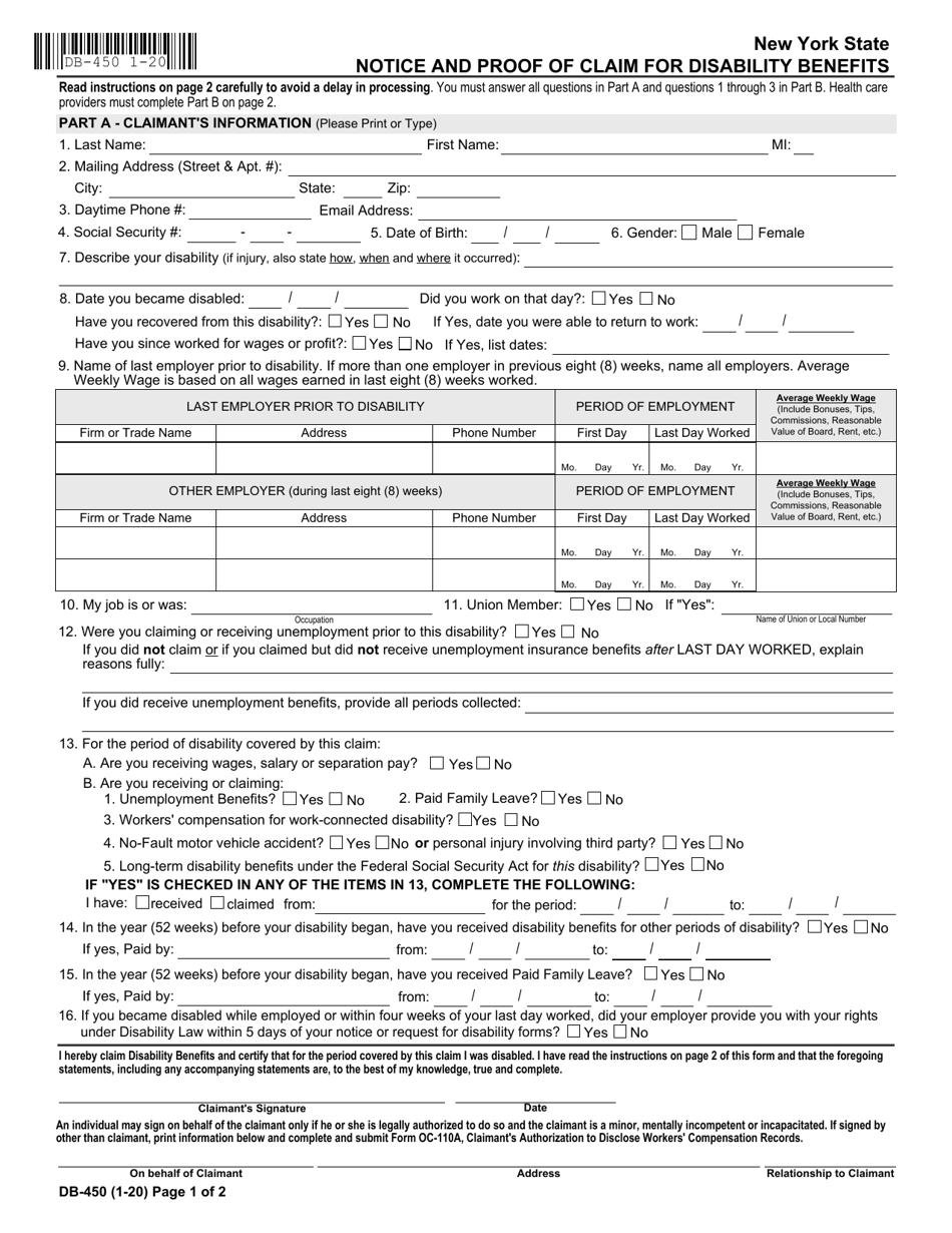Form DB-450 Notice and Proof of Claim for Disability Benefits - New York, Page 1