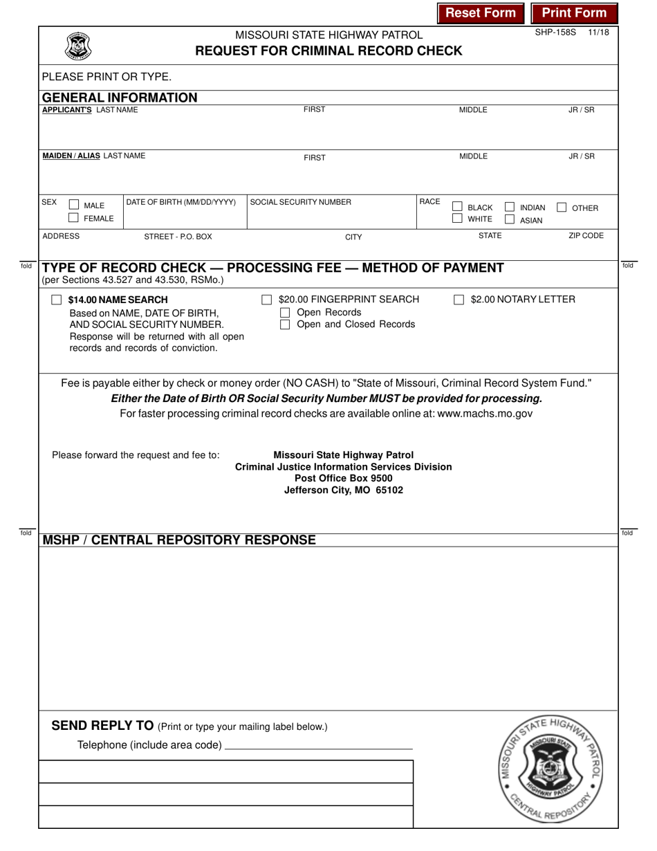Form SHP-158S Request for Criminal Record Check - Missouri, Page 1