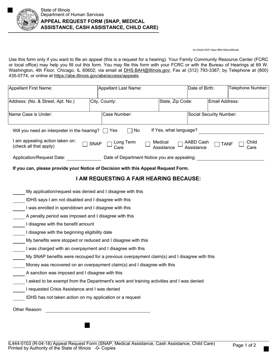Form IL444-0103 Appeal Request Form (Snap, Medical Assistance, Cash Assistance, Child Care) - Illinois, Page 1