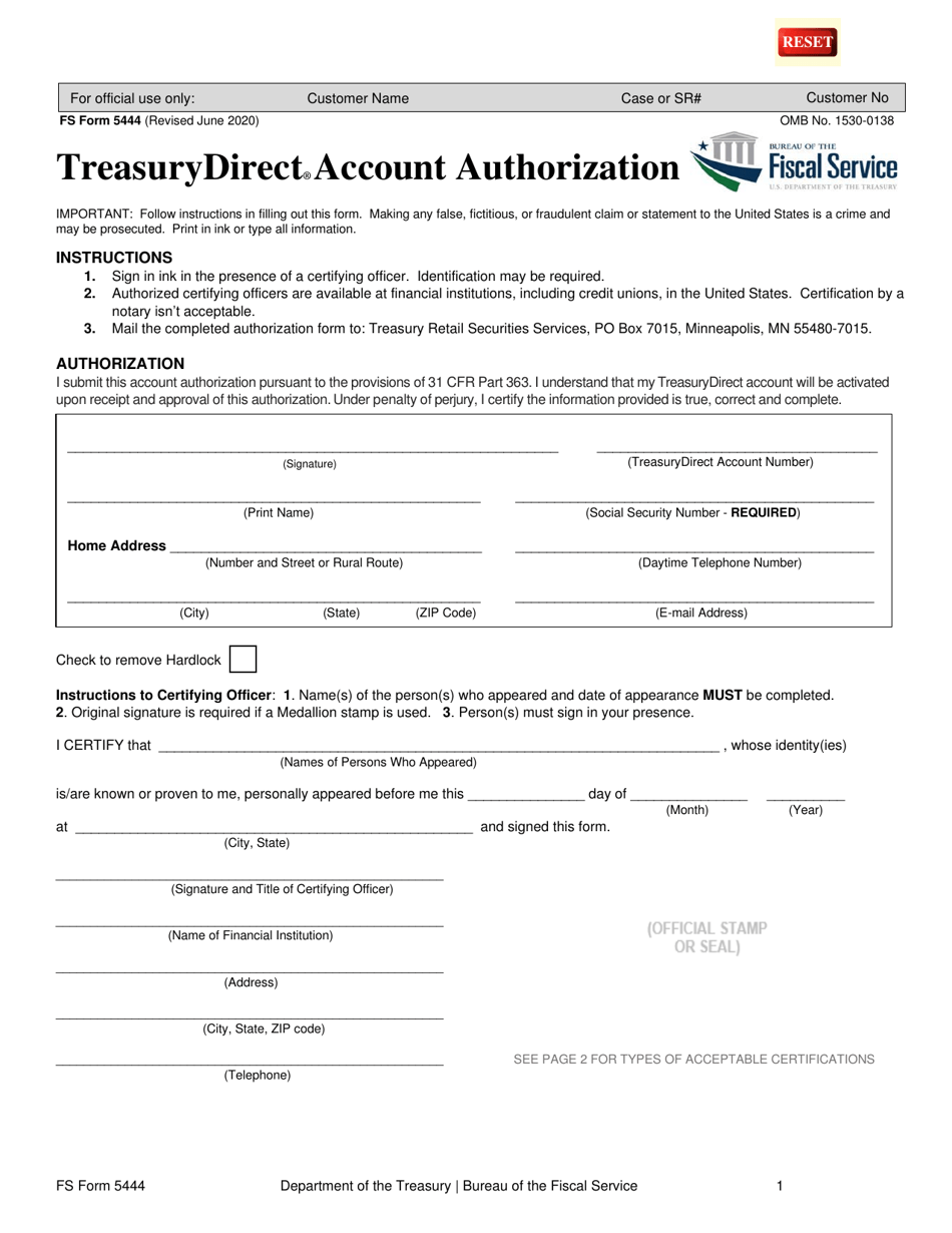 FS Form 5444 Treasurydirect Account Authorization, Page 1
