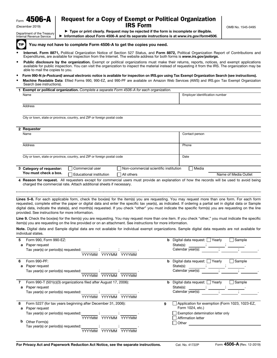 IRS Form 4506-A Request for a Copy of Exempt or Political Organization IRS Form, Page 1