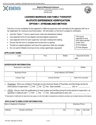 Form 37A-301 Licensed Marriage and Family Therapist in-State Experience Verification Option 1 - Streamlined Method - California